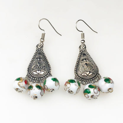 Beautiful White and Green Decorative Tensha Beads Dangle Earrings for Women and Girls