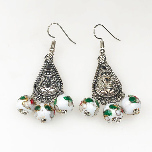 Beautiful White and Green Decorative Tensha Beads Dangle Earrings for Women and Girls
