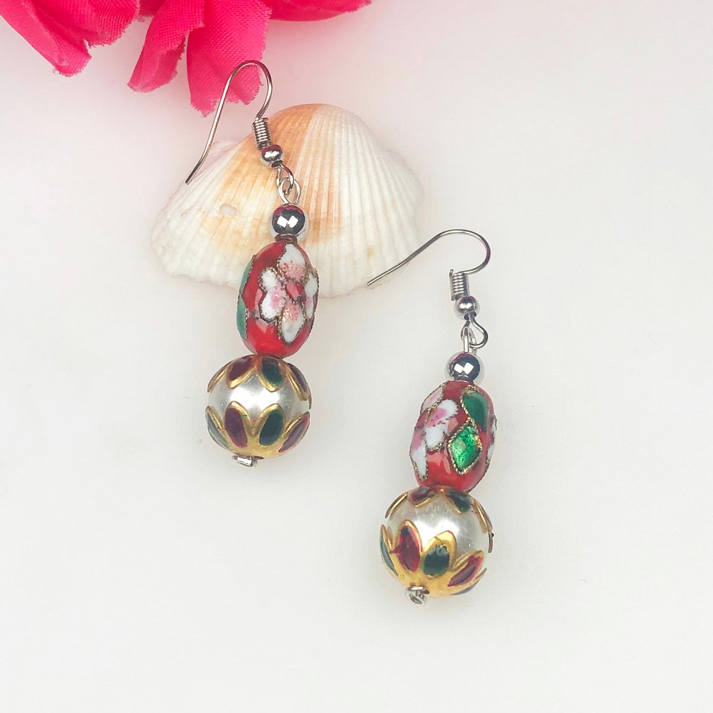 Beautiful Red and White Decorative Tensha Beads Dangle Earrings for Women and Girls