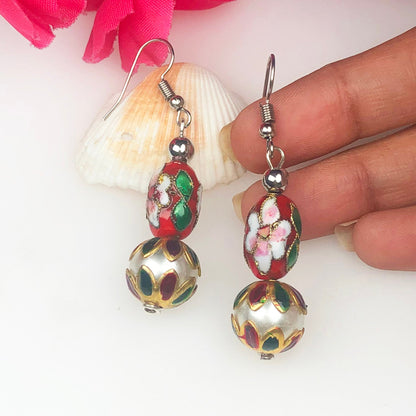 Beautiful Red and White Decorative Tensha Beads Dangle Earrings for Women and Girls
