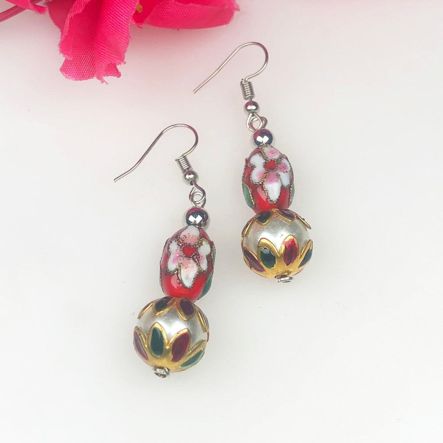 Beautiful Red and White Decorative Tensha Beads Dangle Earrings for Women and Girls