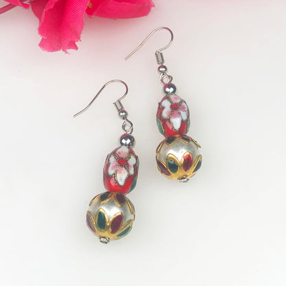 Beautiful Red and White Decorative Tensha Beads Dangle Earrings for Women and Girls