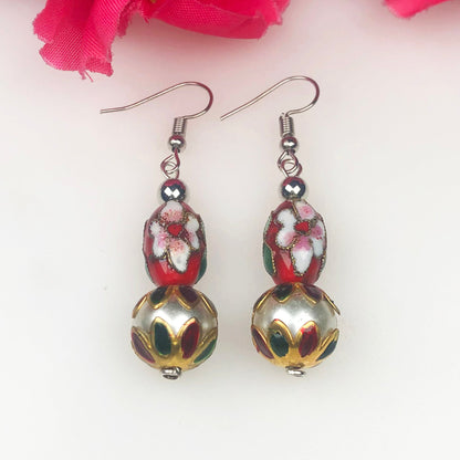 Beautiful Red and White Decorative Tensha Beads Dangle Earrings for Women and Girls