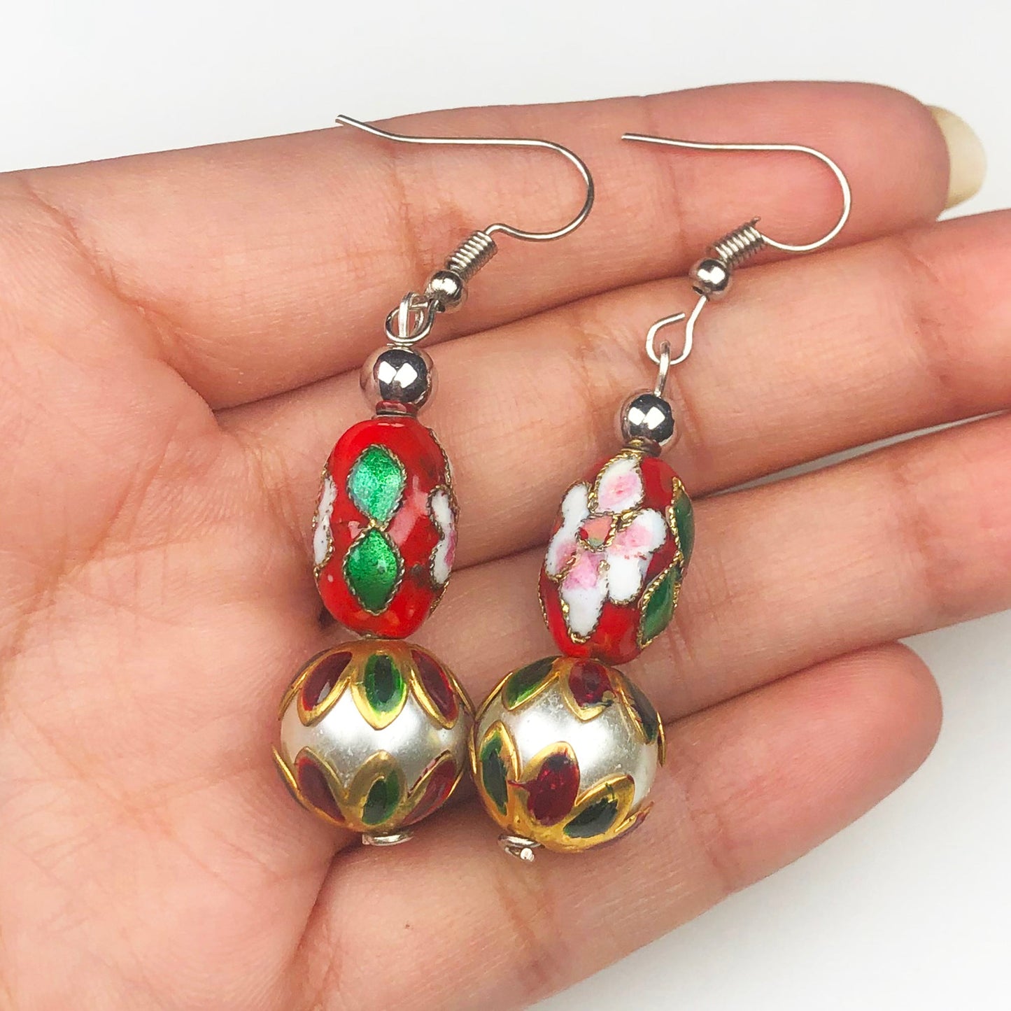 Beautiful Red and White Decorative Tensha Beads Dangle Earrings for Women and Girls