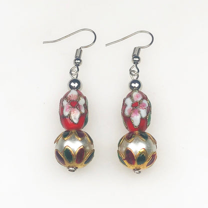 Beautiful Red and White Decorative Tensha Beads Dangle Earrings for Women and Girls