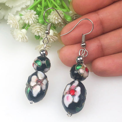 Beautiful Black and White with Green Decorative Tensha Beads Dangle Earrings for Women and Girl