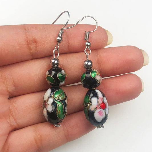 Beautiful Black and White with Green Decorative Tensha Beads Dangle Earrings for Women and Girl