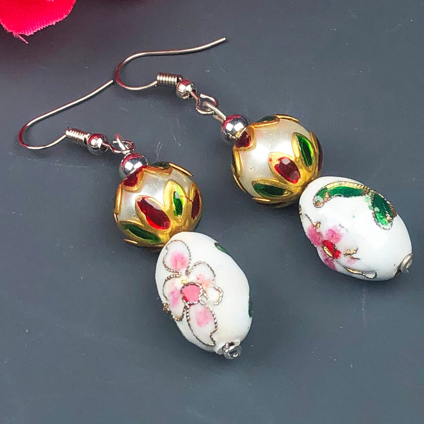 Beautiful White and Pink Decorative Tensha Beads Dangle Earrings for Women and Girl
