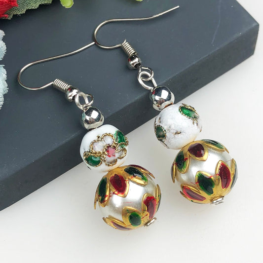Natural Gemstone Elegant White Glass Beads Earrings for Women and Girls