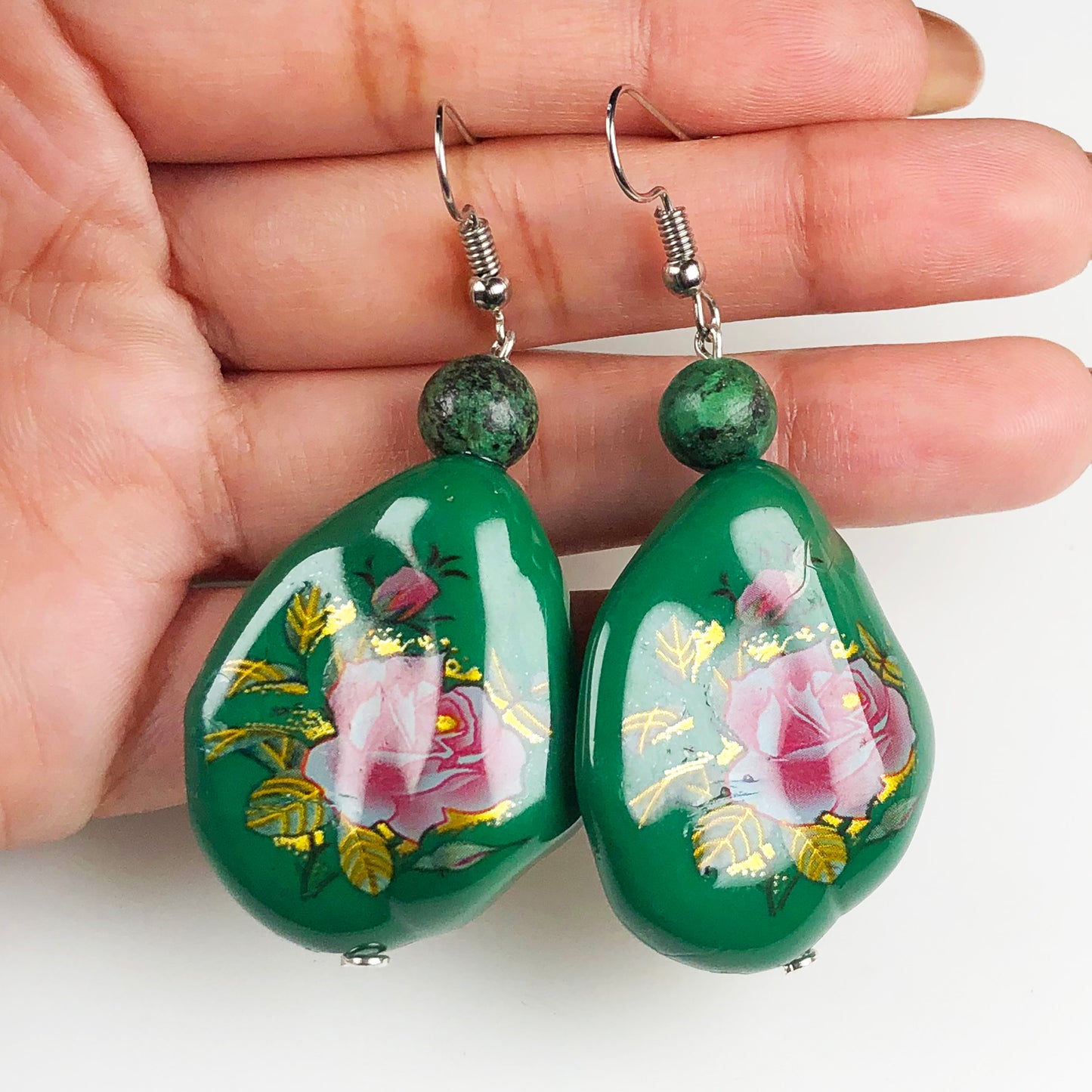 Natural Gemstone Expressive Green Jasper and Tensa Beads Earrings for Women and Girls