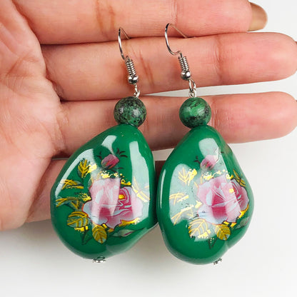 Natural Gemstone Expressive Green Jasper and Tensa Beads Earrings for Women and Girls