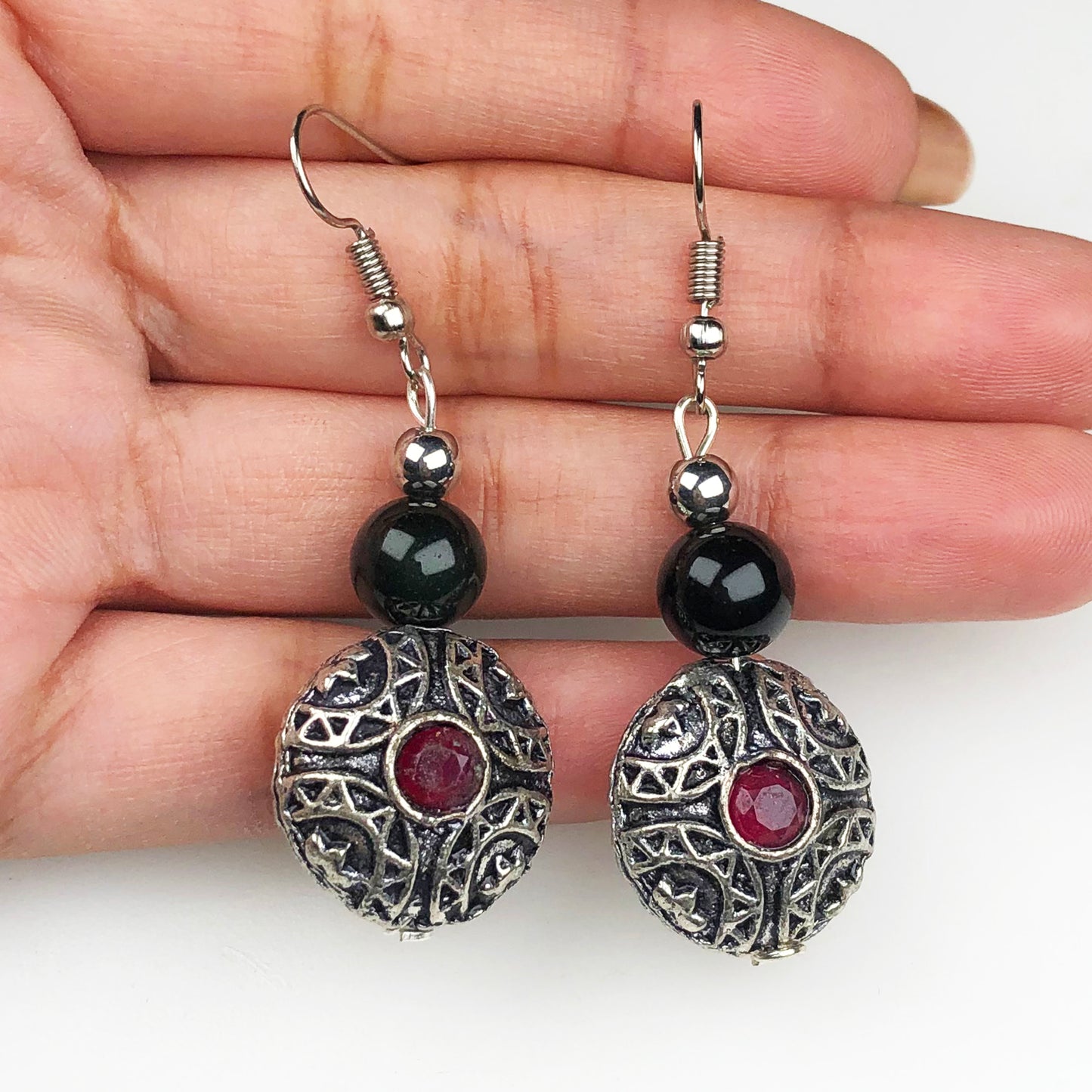 Natural Gemstone Wonderful Red Ruby and Obsidian Earrings for Women and Girls