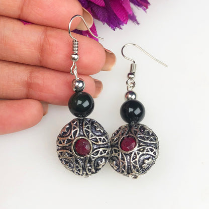 Natural Gemstone Wonderful Red Ruby and Obsidian Earrings for Women and Girls