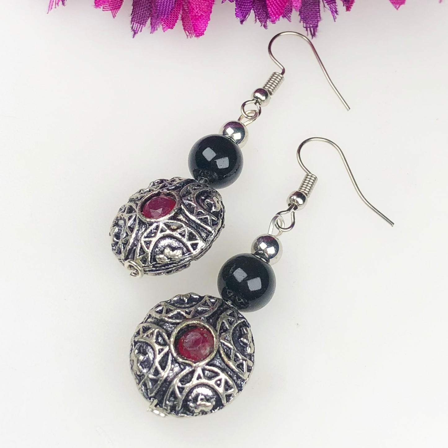 Natural Gemstone Wonderful Red Ruby and Obsidian Earrings for Women and Girls