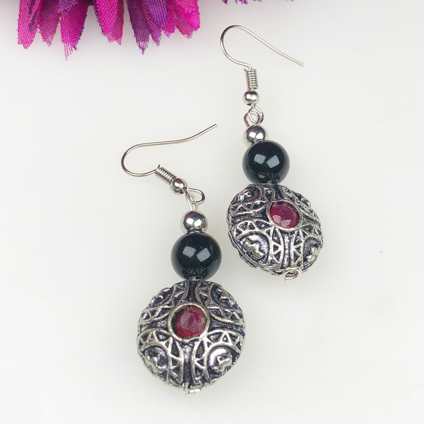 Natural Gemstone Wonderful Red Ruby and Obsidian Earrings for Women and Girls