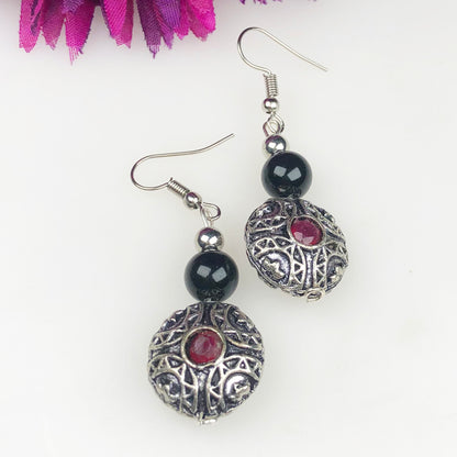 Natural Gemstone Wonderful Red Ruby and Obsidian Earrings for Women and Girls