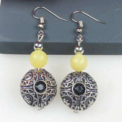 Natural Gemstone One of a kind Yellow Onyx and Onyx Earrings for Women and Girls