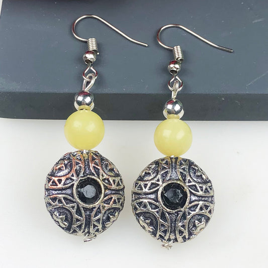 Natural Gemstone One of a kind Yellow Onyx and Onyx Earrings for Women and Girls