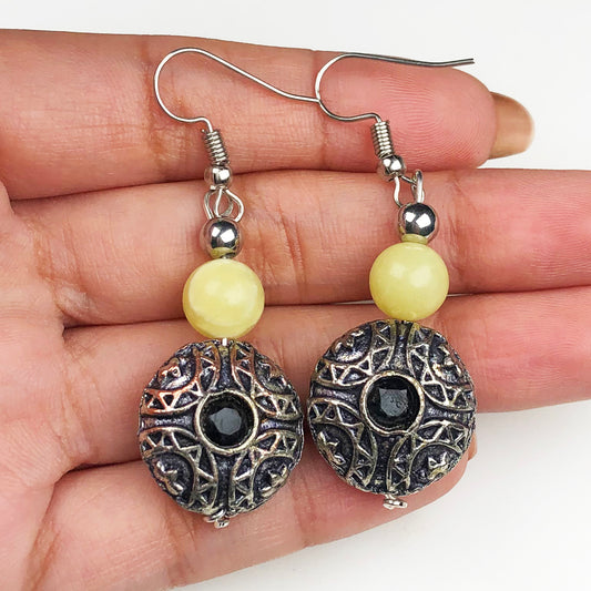 Natural Gemstone One of a kind Yellow Onyx and Onyx Earrings for Women and Girls
