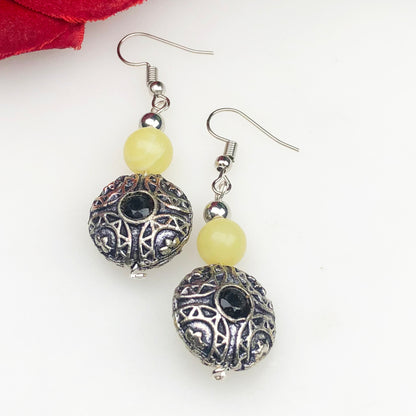 Natural Gemstone One of a kind Yellow Onyx and Onyx Earrings for Women and Girls