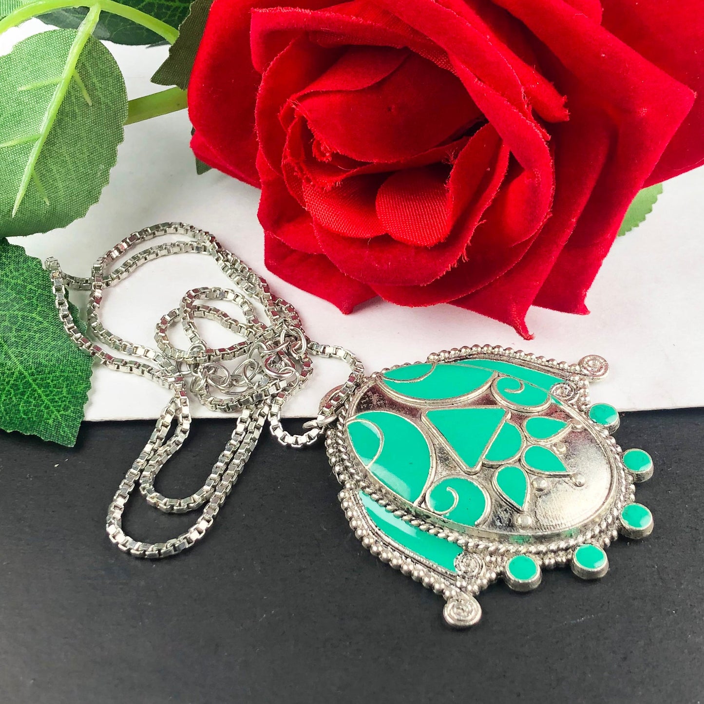 Green Tibet Silver Necklace Healing for Women and Girls Pendant