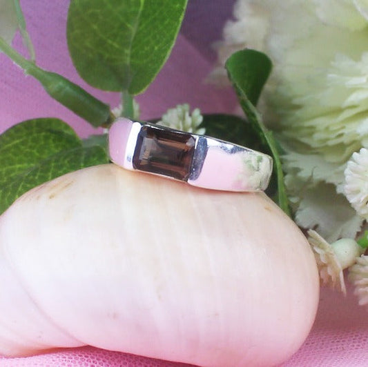 Modern Gemstone Smoky Quartz Ring Main Metal Brass, Silver Coated