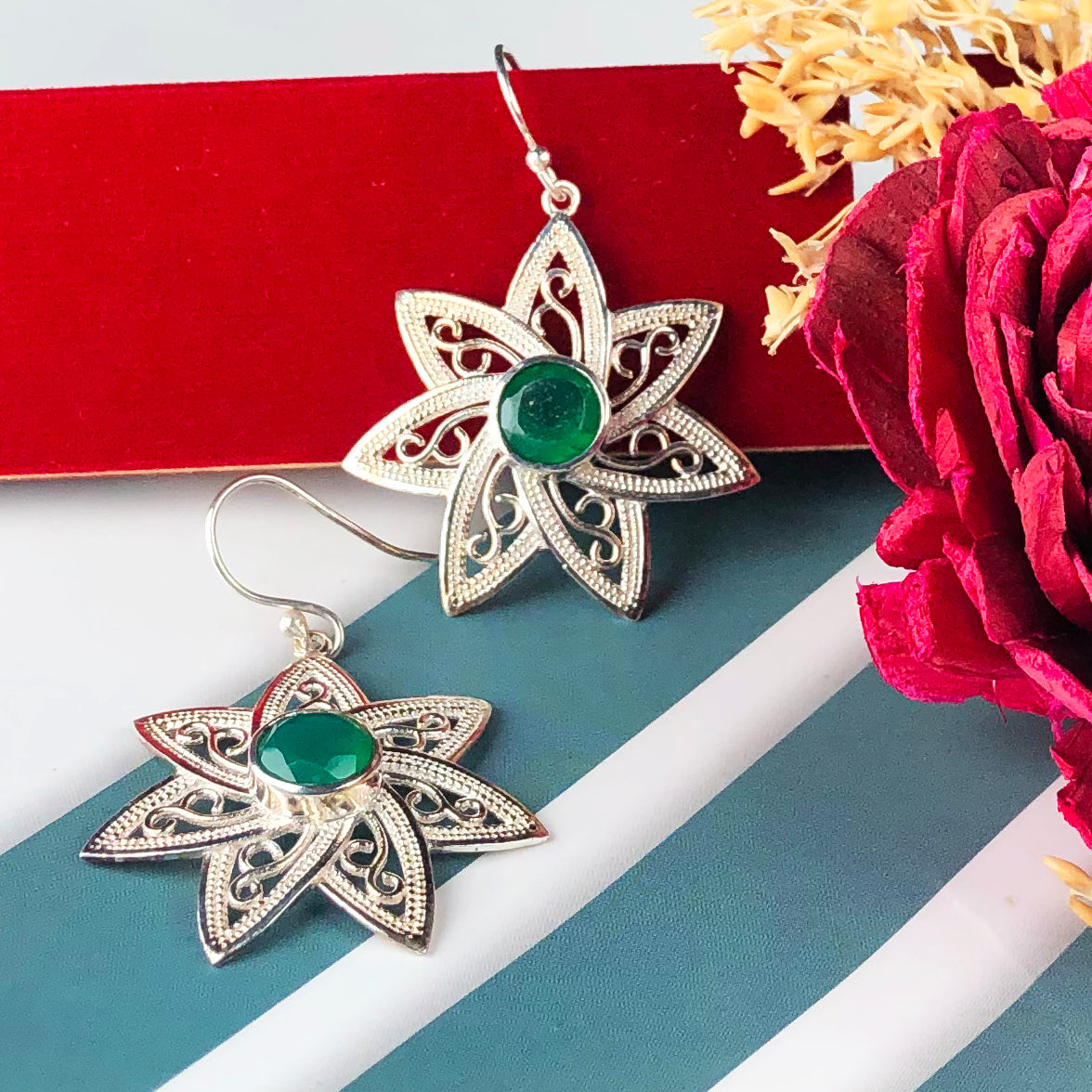 Fabulous Green Onyx Earrings Made of Brass Silver Polished Danglers