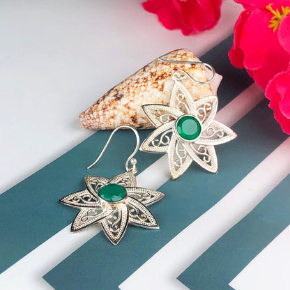 Fabulous Green Onyx Earrings Made of Brass Silver Polished Danglers