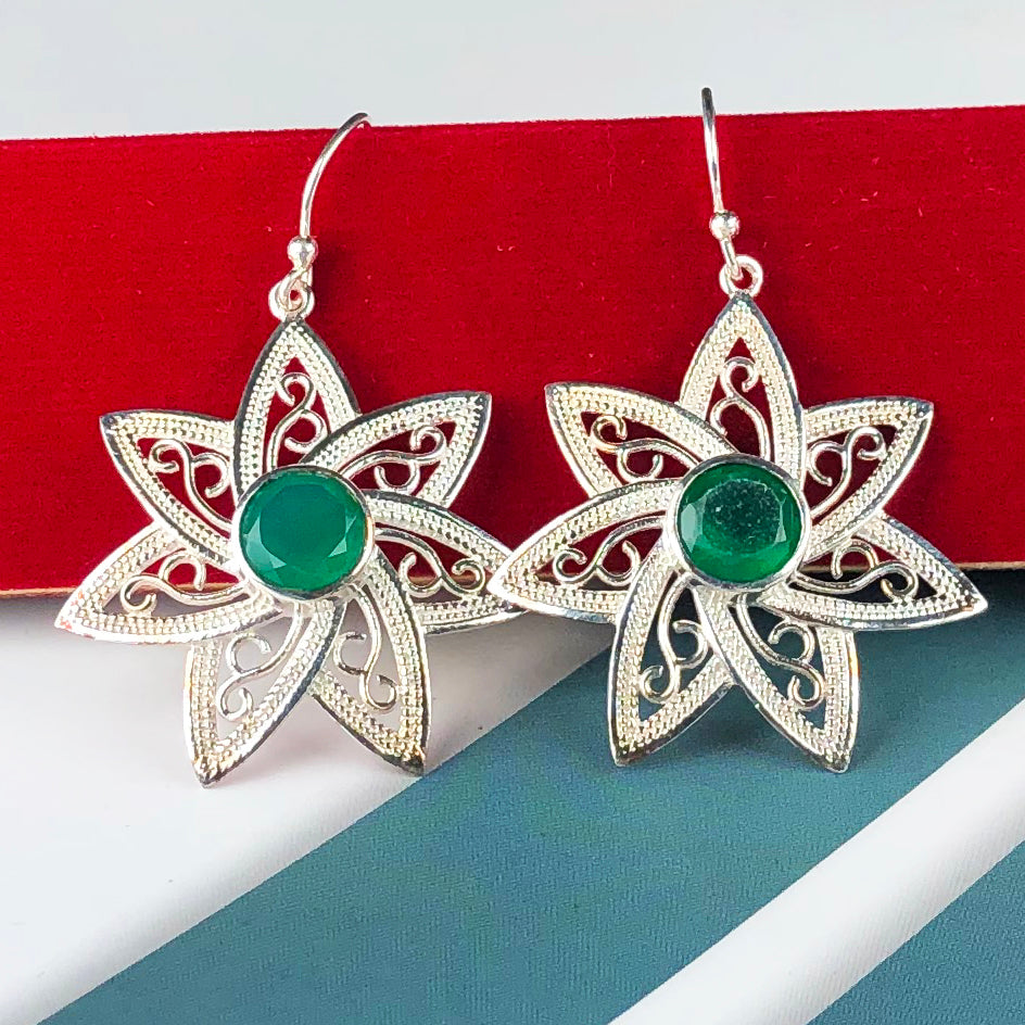 Fabulous Green Onyx Earrings Made of Brass Silver Polished Danglers