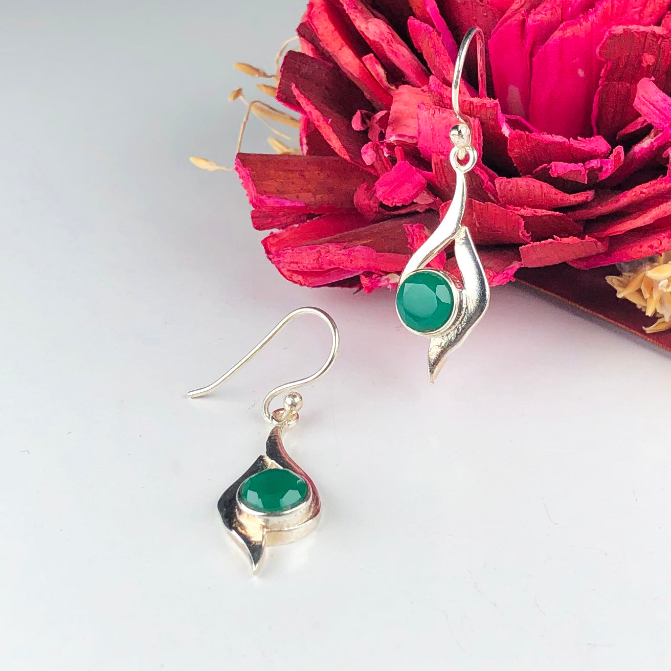 Stunning Green Onyx Earrings Made of Brass Silver Polished Danglers