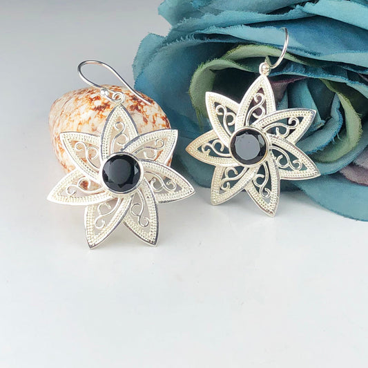 Modern Black Spinel Earrings Made of Brass Silver Polished Danglers