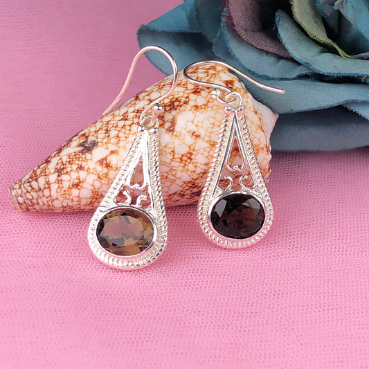 Stunning Brown Smoky Quartz Earrings Made of Brass Silver Polished Danglers