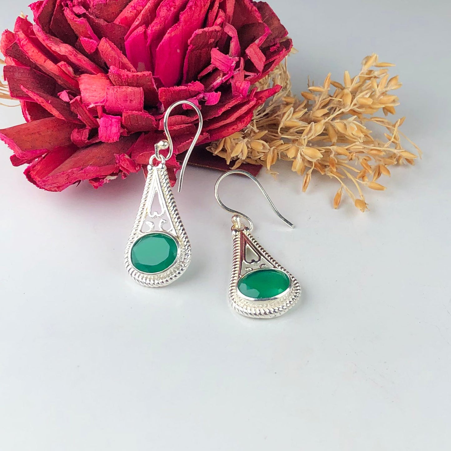 Elegant Green Onyx Earrings Made of Brass Silver Polished Danglers