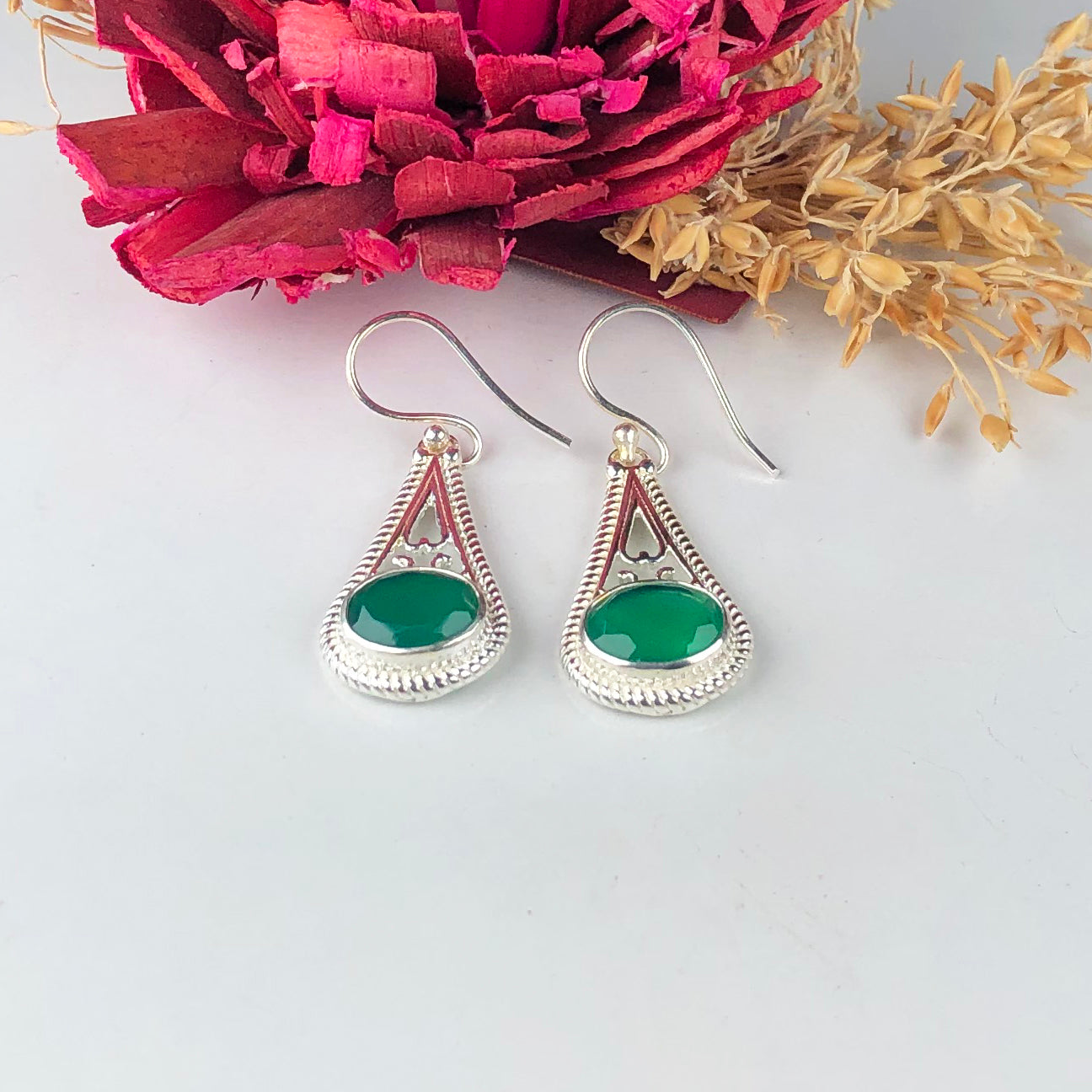Elegant Green Onyx Earrings Made of Brass Silver Polished Danglers