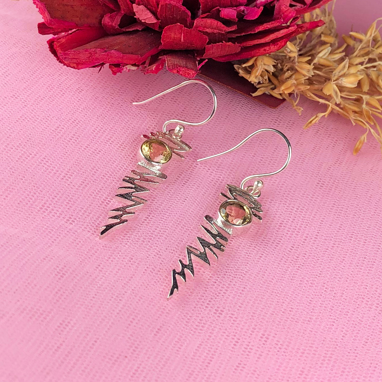 Expressive Citrine Earrings Made of Brass Silver Polished Danglers