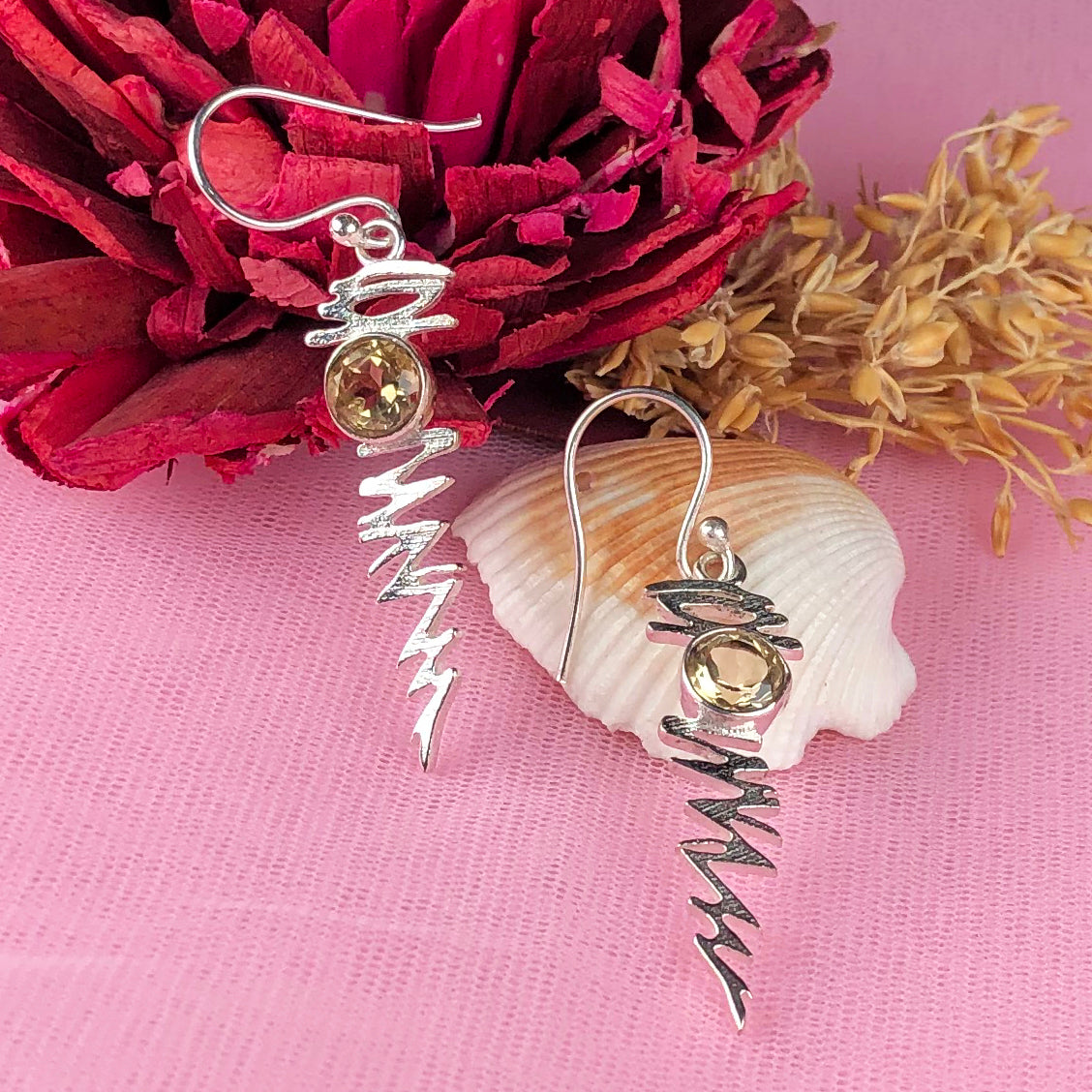 Expressive Citrine Earrings Made of Brass Silver Polished Danglers