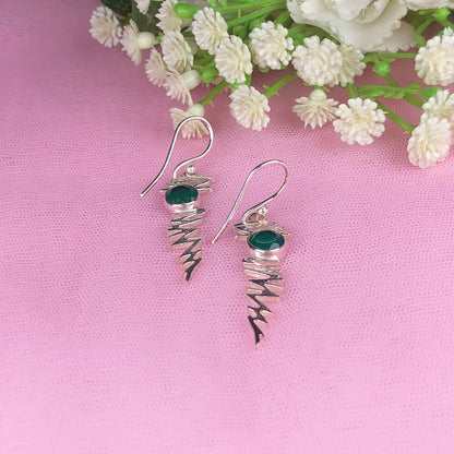 Expressive Green Onyx Earrings Made of Brass Silver Polished Danglers