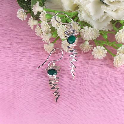 Expressive Green Onyx Earrings Made of Brass Silver Polished Danglers