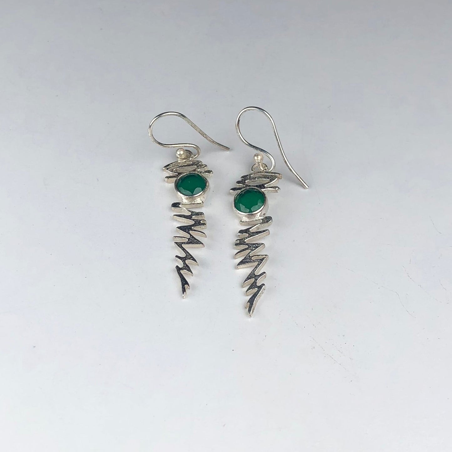 Expressive Green Onyx Earrings Made of Brass Silver Polished Danglers