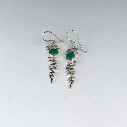 Expressive Green Onyx Earrings Made of Brass Silver Polished Danglers