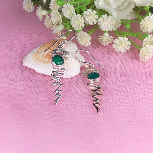 Expressive Green Onyx Earrings Made of Brass Silver Polished Danglers
