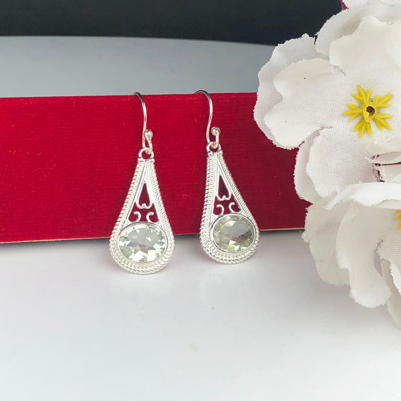 One of a kind Green Amethyst Earrings Made of Brass Silver Polished Danglers