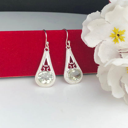 One of a kind Green Amethyst Earrings Made of Brass Silver Polished Danglers