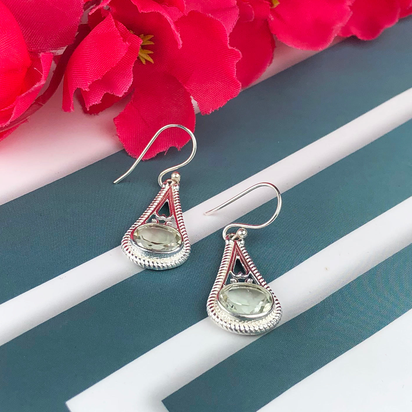 One of a kind Green Amethyst Earrings Made of Brass Silver Polished Danglers
