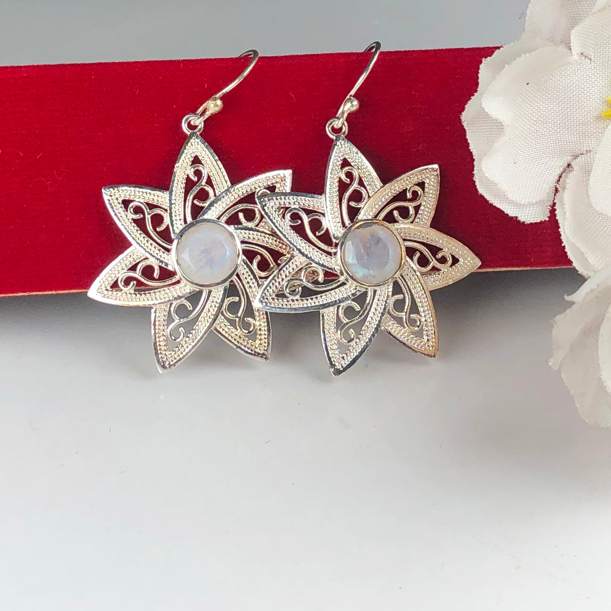 Gorgeous White Moonstone Earrings Made of Brass Silver Polished Danglers