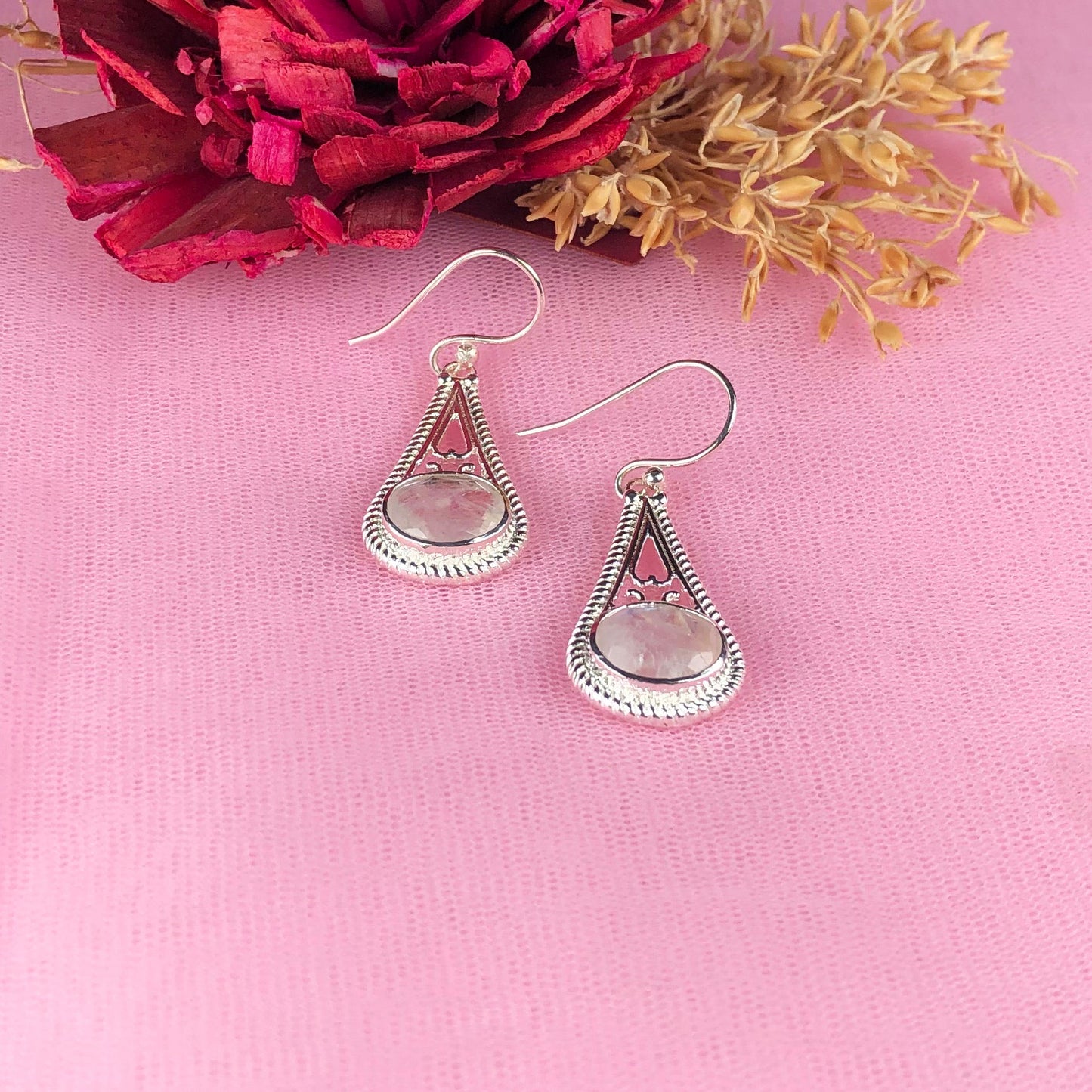 Gorgeous White Moonstone Earrings Made of Brass Silver Polished Danglers