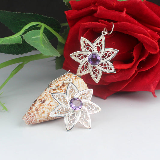 Stylish Purple Amethyst Earrings Made of Brass Silver Polished Danglers