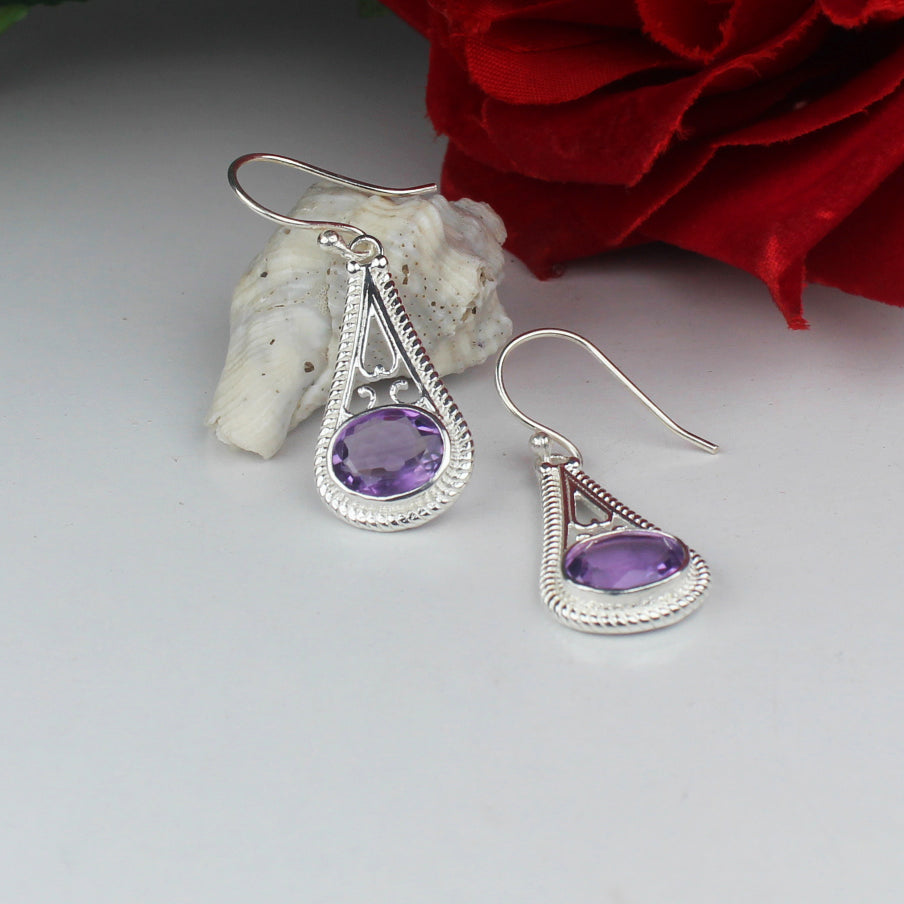 Elegant Purple Amethyst Earrings Made of Brass Silver Polished Danglers