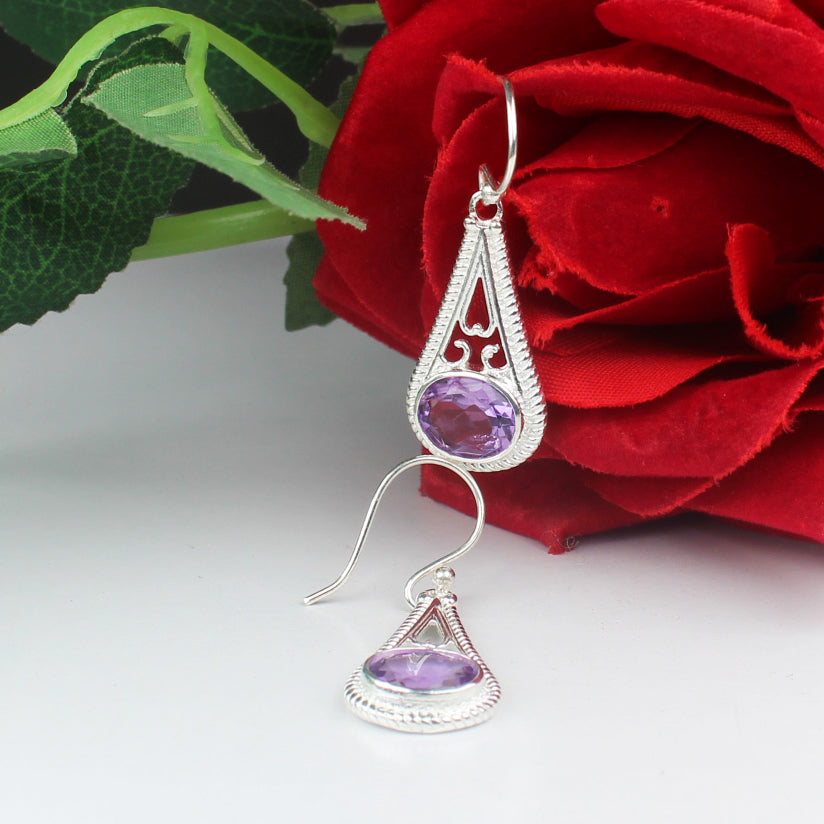 Elegant Purple Amethyst Earrings Made of Brass Silver Polished Danglers