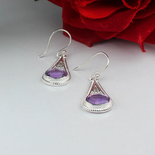 Elegant Purple Amethyst Earrings Made of Brass Silver Polished Danglers